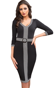 BY61878-2 Black Houndstooth Detail Bodycon Midi Dress